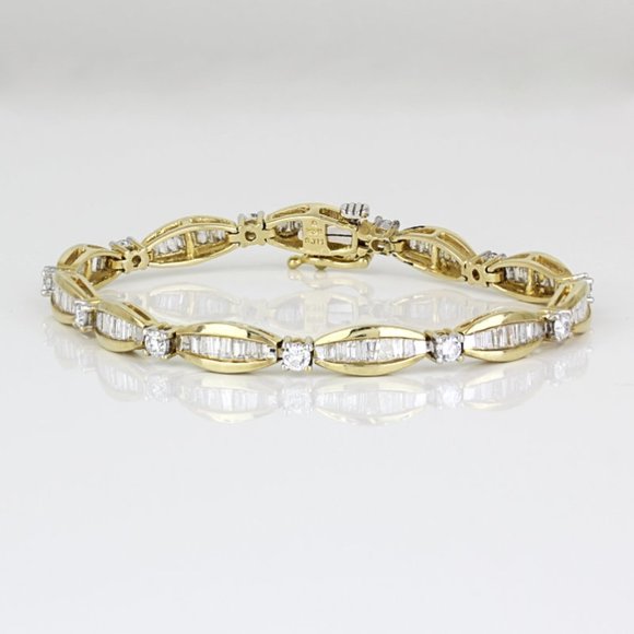 14k Yellow Gold Round + Baguette Diamond Anniversary Bracelet by SJM - Picture 1 of 8